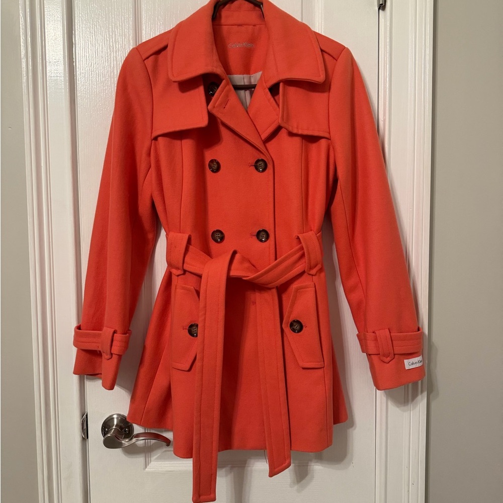 Calvin Klein Coral Orange Double-Breasted Wool Blend Trench Coat